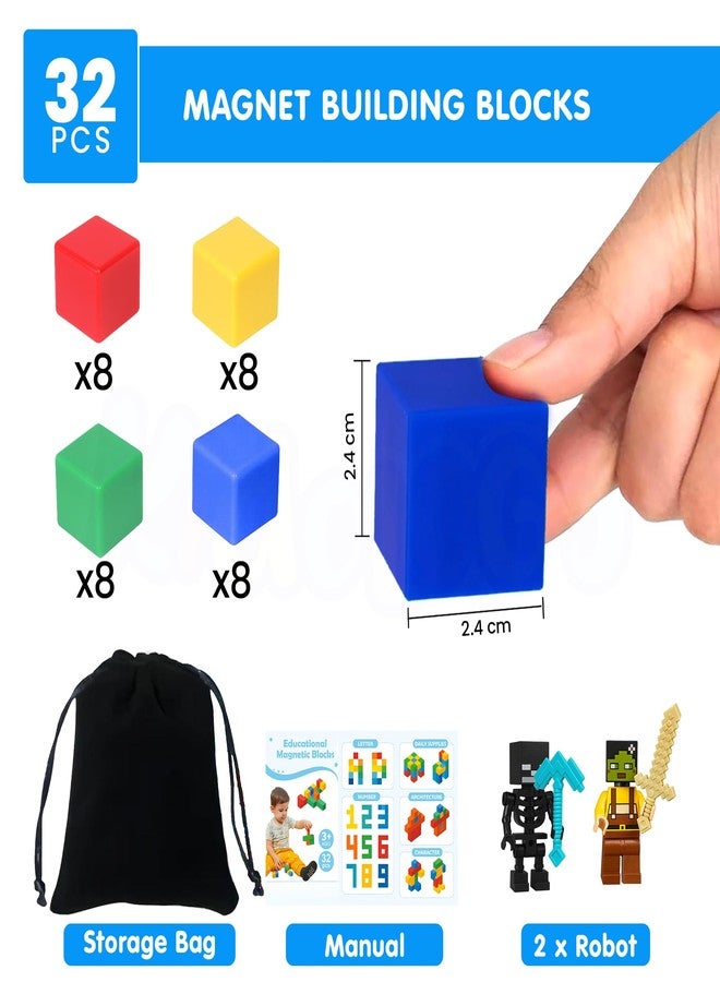 Kidology Magnetic Building Blocks 32Pcs Magnetic Blocks Magnetic Toys for 3 4 5 6 7 8 Years Old Boys Girls Preschool Structures Sensory Toys for Kids - Image 2